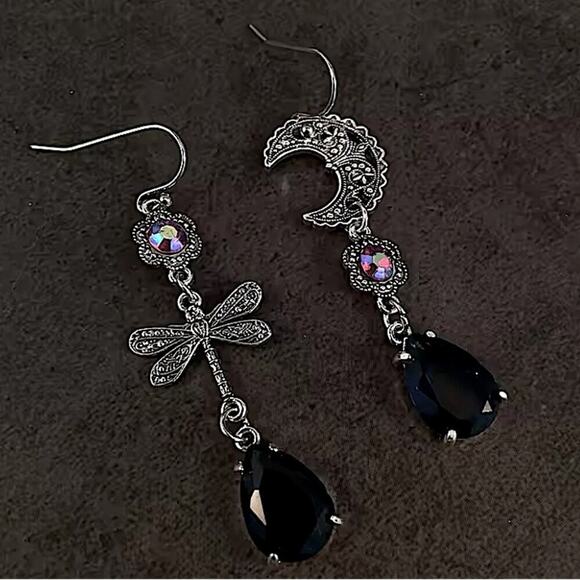 Sapphire Carved Moon Dragonfly Blue Zircon Asymmetric Earrings Women Girls Gift - Picture 3 of 5